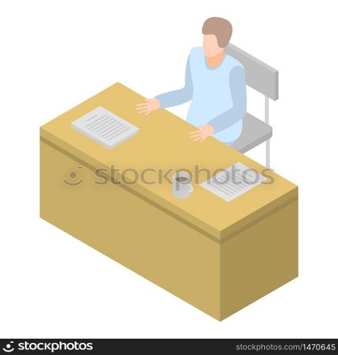 Scientist at desktop icon. Isometric of scientist at desktop vector icon for web design isolated on white background. Scientist at desktop icon, isometric style