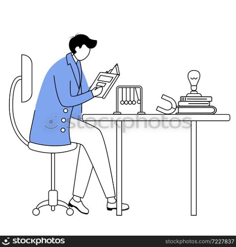 Scientist at his working place flat contour vector illustration. Man in blue lab coat. University professor simple drawing. Physicist sitting and reading book isolated outline cartoon character. Scientist at his working place flat contour vector illustration