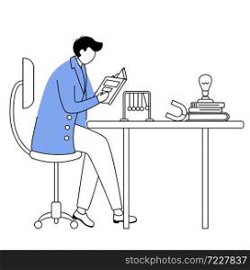 Scientist at his working place flat contour vector illustration. Man in blue lab coat. University professor simple drawing. Physicist sitting and reading book isolated outline cartoon character. Scientist at his working place flat contour vector illustration