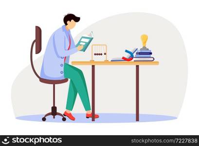 Scientist at his working place flat vector illustration. Man in blue lab coat. University professor. Physicist sitting and reading book isolated cartoon character on white background. Scientist at his working place flat vector illustration