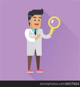 Scientist at work illustration. Vector in flat design. Scientific icon. Smiling male character in white gown standing with magnifying glass. Educational experiment. On violet background with shadow. Scientist at Work Vector Flat Style Illustration. Scientist at Work Vector Flat Style Illustration