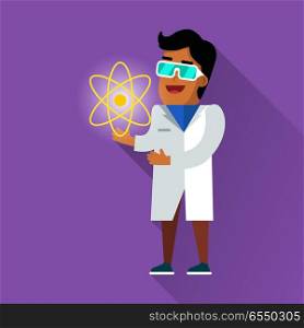 Scientist at work illustration. Vector in flat design. Scientific icon. Smiling male character in white gown standing with atom model in hand. Educational experiment. On violet background with shadow. Scientist at Work Vector Flat Style Illustration. Scientist at Work Vector Flat Style Illustration
