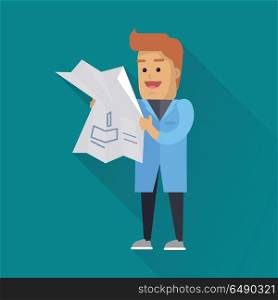 Scientist at work illustration. Vector in flat style design. Scientific icon. Smiling male character in blue gown standing with drawing in hand. Educational experiment. On blue background with shadow. Scientist at Work Vector Flat Style Illustration. Scientist at Work Vector Flat Style Illustration