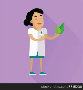 Scientist at work illustration. Vector in flat style design. Scientific icon. Smiling female character in white gown with leafs in hand. Educational experiment. On violet background with shadow. Scientist at Work Vector Flat Style Illustration. Scientist at Work Vector Flat Style Illustration