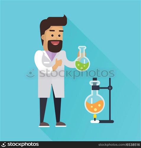 Scientist at work illustration. Vector in flat style design. Scientific icon. Smiling male character in white gown standing with flask in hand. Educational experiment. On red background with shadow. Scientist at Work Vector Flat Style Illustration. Scientist at Work Vector Flat Style Illustration