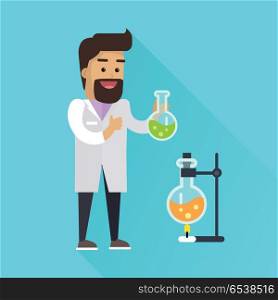 Scientist at work illustration. Vector in flat style design. Scientific icon. Smiling male character in white gown standing with flask in hand. Educational experiment. On red background with shadow. Scientist at Work Vector Flat Style Illustration. Scientist at Work Vector Flat Style Illustration