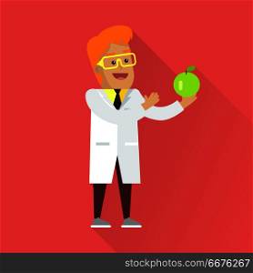 Scientist at work illustration. Vector in flat style design. Scientific icon. Smiling male character in white gown standing with green apple in hand. Educational concept. On red background with shadow. Scientist at Work Vector Flat Style Illustration. Scientist at Work Vector Flat Style Illustration