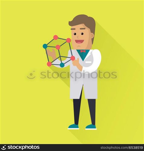Scientist at work illustration. Vector in flat style. Scientific icon. Male character in white gown standing with atom structure in hand. Educational demonstration. On yellow background with shadow. Scientist at Work Vector Flat Style Illustration. Scientist at Work Vector Flat Style Illustration