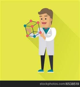 Scientist at work illustration. Vector in flat style. Scientific icon. Male character in white gown standing with atom structure in hand. Educational demonstration. On yellow background with shadow. Scientist at Work Vector Flat Style Illustration. Scientist at Work Vector Flat Style Illustration