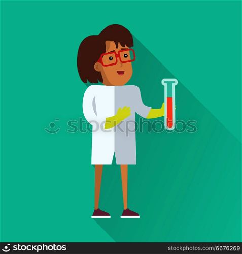 Scientist at Work Vector Flat Style Illustration. Scientist at work illustration. Vector in flat style design. Scientific icon. Smiling male character in white gown standing with test tube in hand. Educational experiment. On red background with shadow. Scientist at Work Vector Flat Style Illustration