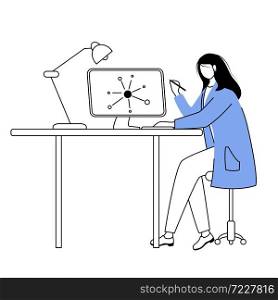 Scientist at working place flat contour vector illustration. Woman in blue lab coat simple drawing. Physicist using computer for research isolated cartoon outline character on white background. Scientist at working place flat contour vector illustration