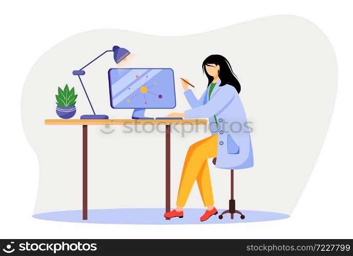 Scientist at working place flat vector illustration. Woman in blue lab coat. University professor. Physicist using computer for research isolated cartoon character on white background. Scientist at working place flat vector illustration
