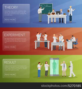 Scientist Banners Set. Scientist horizontal banners set with theory and experiment symbols flat isolated vector illustration