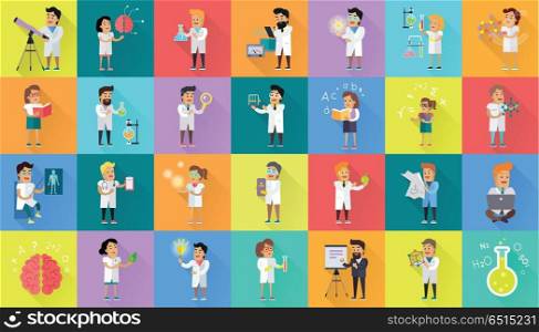 Scientist Character Collection. Scientist character collection. Scientists at work. Male and female scientists illustration. Chemistry, medicine, physics, biology infographic in flat style. Science and technology development