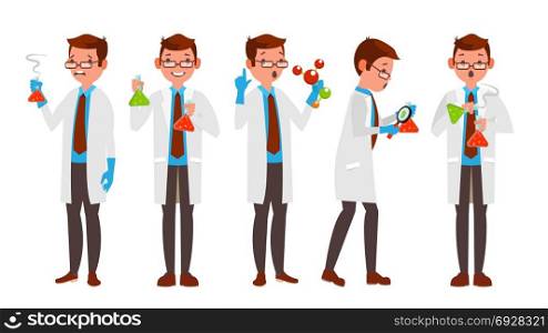 Scientist Character Vector. Friendly Funny Professor. Chemistry Laboratory Specialists. Isolated Flat Cartoon Illustration. Professional Scientist Vector. Modern Young Worker. Male At Work In Laboratory. Isolated On White Cartoon Character Illustration
