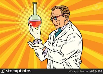 Scientist chemist analyzes laboratory flask. Pop art retro comic book vector illustration. Scientist chemist analyzes laboratory flask