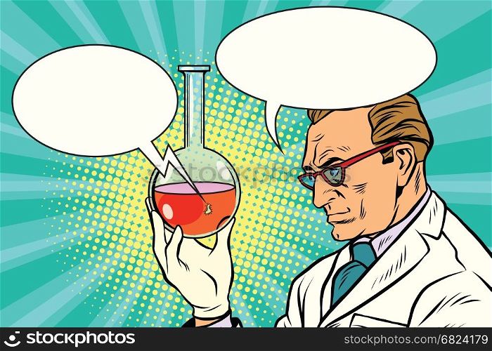 Scientist chemist talks about the analysis. Pop art retro comic book vector illustration. Scientist chemist talks about the analysis