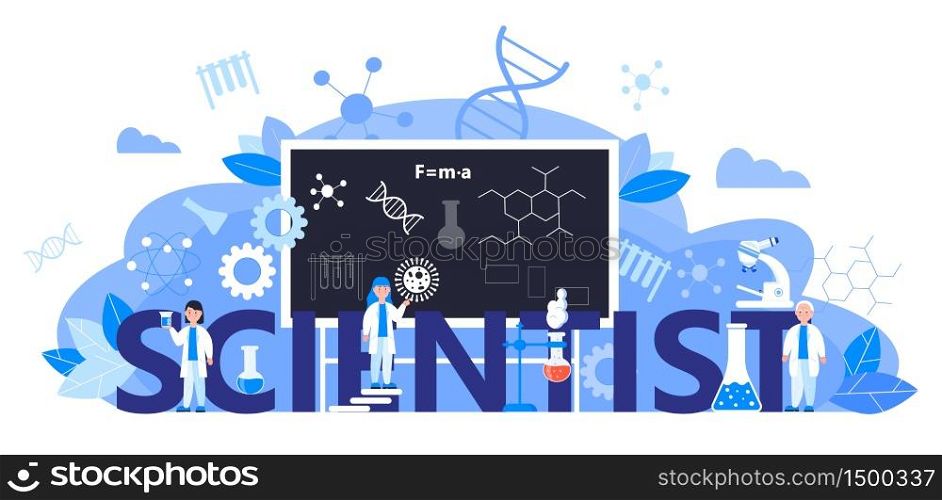 Scientist concept vector for header website. Innovation, scientific research and online studying illustration. Chemistry, medicine researcher are working. Scientists study microorganisms in microscope. Scientist concept vector for header website. Innovation, scientific research and online studying illustration. Scientists studying microorganisms in microscope