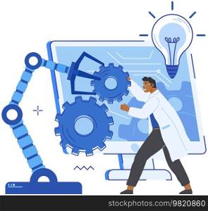 Scientist conducting experiments with mechanical arm. Artificial intelligence for scientific development. Robotic arm near computer screen with settings option. Modern technology for science. Scientist conducts research with mechanical arm. Artificial intelligence for scientific development