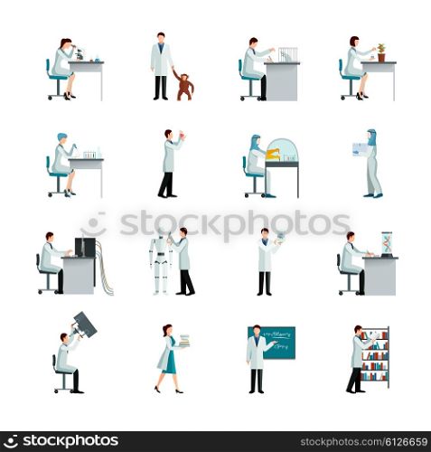 Scientist Decorative Icons Set. Scientists decorative flat color icons set with men and women doing research in laboratory on white background isolated vector illustration