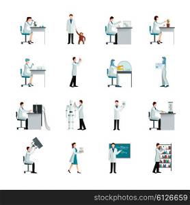 Scientist Decorative Icons Set. Scientists decorative flat color icons set with men and women doing research in laboratory on white background isolated vector illustration