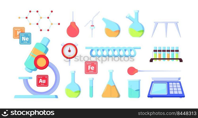 Scientist equipment. Chemical laboratory equipment medical exploration workplace items garish vector flat pictures collection. Illustration of equipment chemical laboratory. Scientist equipment. Chemical laboratory equipment medical exploration workplace items garish vector flat pictures collection