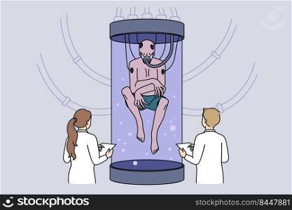 Scientist growing alien in incubator in laboratory. Medical researchers exploring creature in tube with pipes and water. Science experiment concept. Vector illustration.. Scientists discovering alien in tube