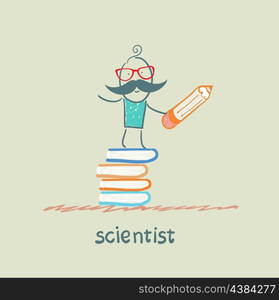 scientist holding a pencil and stands on a pile of books