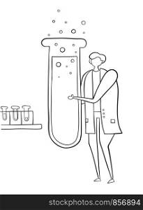 Scientist holding big test tube and doing experiment. Black outlines and white.