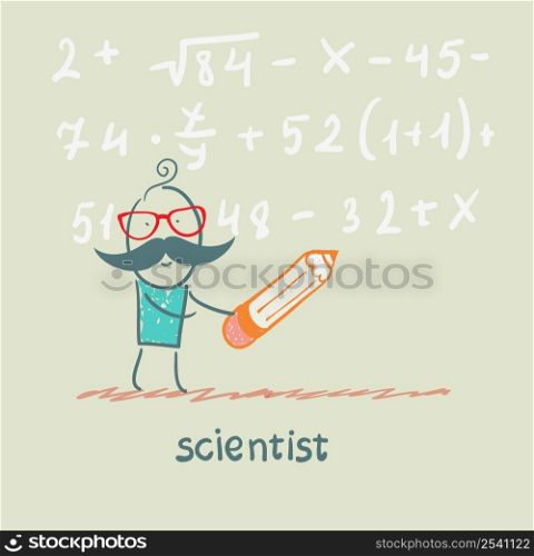 scientist holding pen writes equation