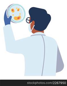Scientist holding petri dish. Man in laboratory coat looking at bacterial colony isolated on white background. Scientist holding petri dish. Man in laboratory coat looking at bacterial colony