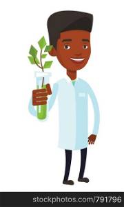 Scientist holding test tube with plant. Scientist analyzing plant in test tube. Scientist in medical gown showing test tube with plant. Vector flat design illustration isolated on white background.. Scientist with test tube vector illustration.