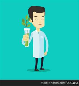 Scientist holding test tube with sprout. Scientist analyzing sprout in test tube. Laboratory assistant in medical gown holding test tube with sprout. Vector flat design illustration. Square layout.. Scientist with test tube vector illustration.