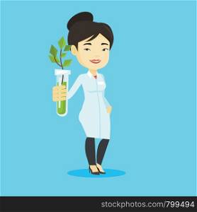 Scientist holding test tube with sprout. Scientist analyzing sprout in test tube. Laboratory assistant in medical gown holding test tube with sprout. Vector flat design illustration. Square layout.. Scientist with test tube vector illustration.