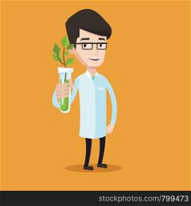 Scientist holding test tube with young plant. Man analyzing plant in test tube. Laboratory assistant in medical gown holding test tube with sprout. Vector flat design illustration. Square layout.. Scientist with test tube vector illustration.