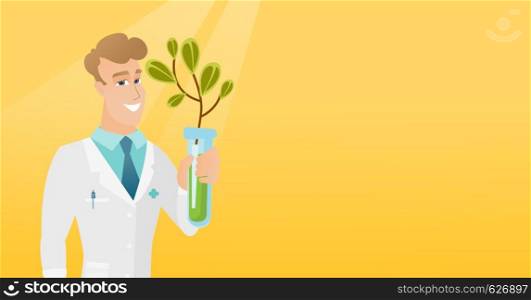 Scientist holding test tube with young sprout. Man analyzing sprout in test tube. Laboratory assistant in medical gown holding test tube with sprout. Vector flat design illustration. Horizontal layout. Scientist with test tube vector illustration.