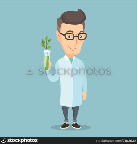 Scientist holding test tube with young sprout. Man analyzing sprout in test tube. Laboratory assistant in medical gown holding test tube with sprout. Vector flat design illustration. Square layout.. Scientist with test tube vector illustration.