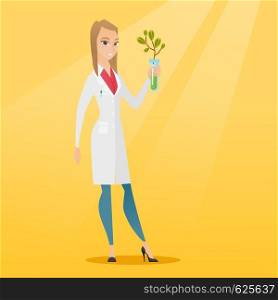 Scientist holding test tube with young sprout. Woman analyzing sprout in test tube. Laboratory assistant in medical gown holding test tube with sprout. Vector flat design illustration. Square layout.. Scientist with test tube vector illustration.
