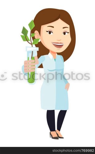 Scientist holding test tube with young sprout. Woman analyzing sprout in test tube. Laboratory assistant holding test tube with sprout. Vector flat design illustration isolated on white background.. Scientist with test tube vector illustration.