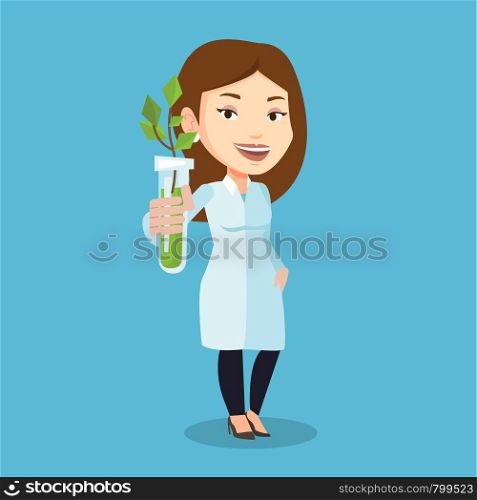Scientist holding test tube with young sprout. Woman analyzing sprout in test tube. Laboratory assistant in medical gown holding test tube with sprout. Vector flat design illustration. Square layout.. Scientist with test tube vector illustration.