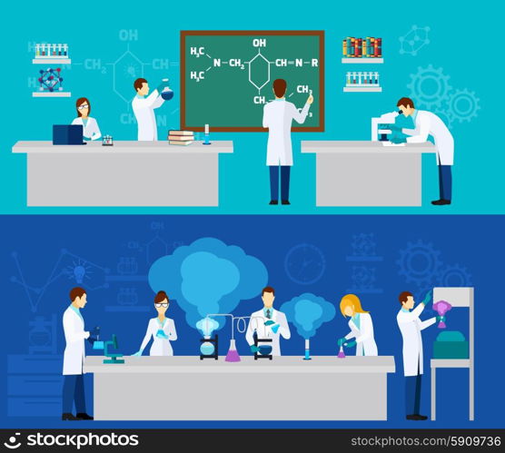 Scientist horizontal banner set with people in chemistry lab isolated vector illustration. Scientist Banner Set