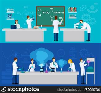 Scientist horizontal banner set with people in chemistry lab isolated vector illustration. Scientist Banner Set