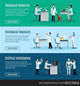 Scientist Horizontal Banners. Science horizontal banners set with scientists making biological virological and artificial intelligence researchs flat vector illustration