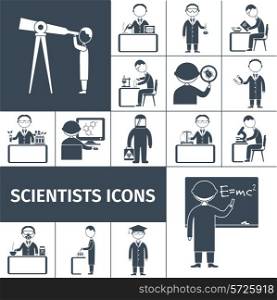 Scientist icons black set with science occupation professional staff characters isolated vector illustration