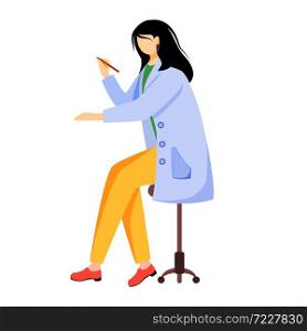 Scientist in blue lab coat flat vector illustration. Creating schemes, models. Designing, drawing and writting. Woman holding pen, pencil isolated cartoon character on white background. Scientist in blue lab coat flat vector illustration