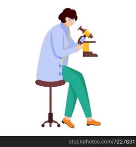 Scientist in blue lab coat with protection glasses flat vector illustration. Studying medicine, chemistry. Conducting experiment. Woman with microscope isolated cartoon character on white background. Scientist in blue lab coat with protection glasses flat vector illustration