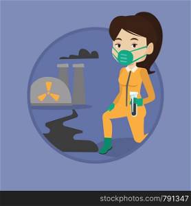 Scientist in gas mask and radiation protective suit holding a test-tube with black liquid on the background of nuclear power plant. Vector flat design illustration in the circle isolated on background. Laboratory assistant with test tube.