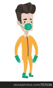 Scientist in gas mask and radiation protective suit. Scientist wearing a radiation protection suit. Caucasian scientist in protective suit. Vector flat design illustration isolated on white background. Man in radiation protective suit.