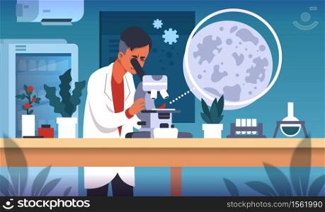 Scientist in lab. Cartoon concept of laboratory research, scientific experiment and medical data collection and analysis. Vector flat illustrations science smart technology researching background. Scientist in lab. Cartoon concept of laboratory research, scientific experiment and medical data collection and analysis. Vector science background