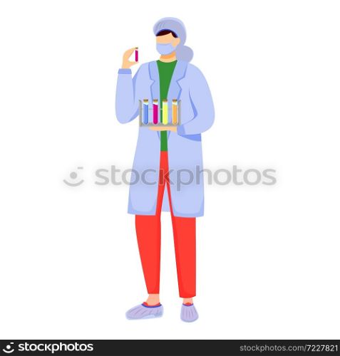 Scientist in lab coat with mask protection flat vector illustration. Studying medicine, chemistry. Conducting experiment. Woman with test tubes isolated cartoon character on white background. Scientist in lab coat with mask protection flat vector illustration